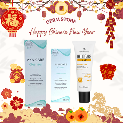 Aknicare Acne Care Clarity Set (Aknicare Cleanser 200ML + Aknicare Cream 50ML + Heliocare Gel Oil Free SPF50 50ML)