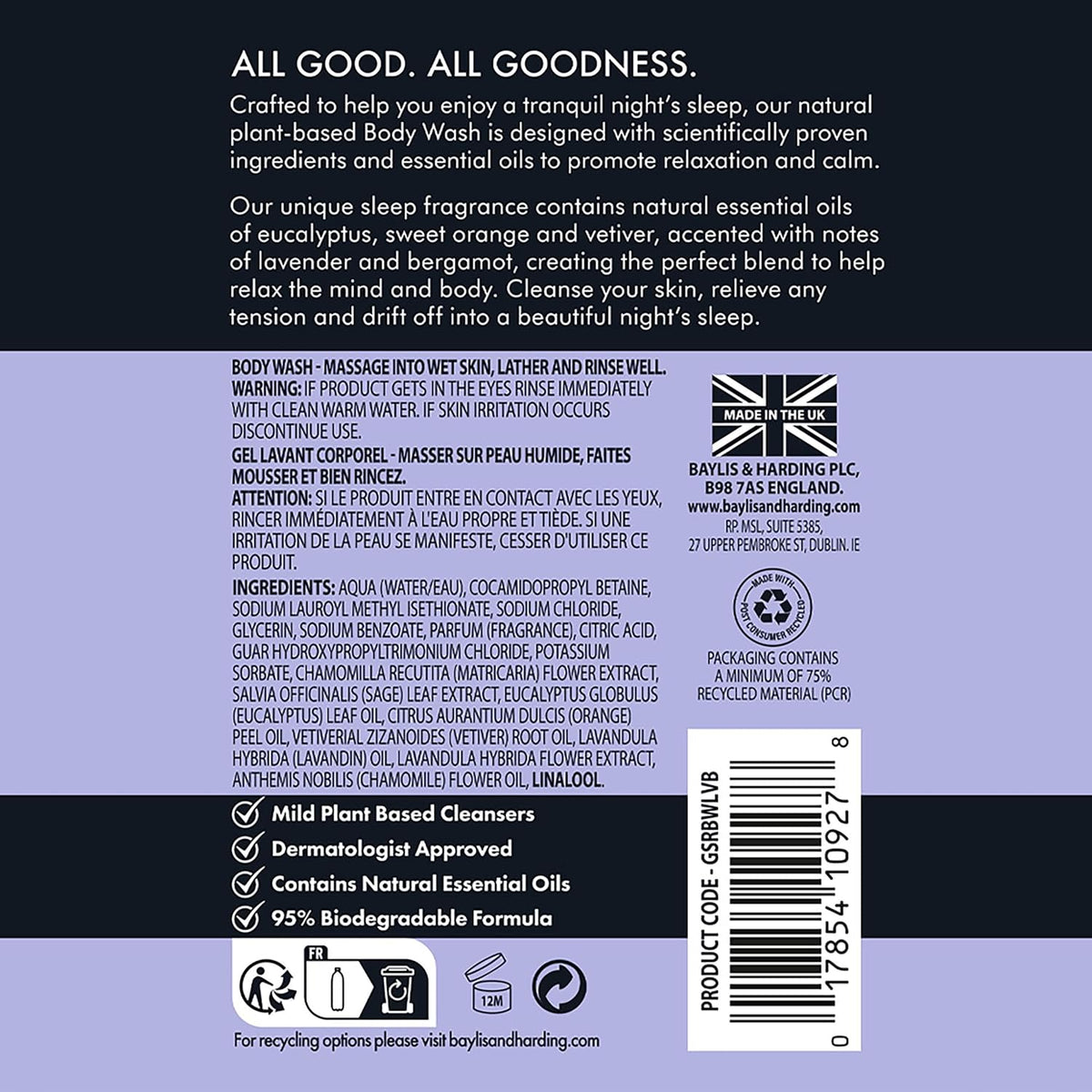 Baylis & Harding Goodness Sleep Beautifully Lavender & Bergamot Natural Body Wash 500ML